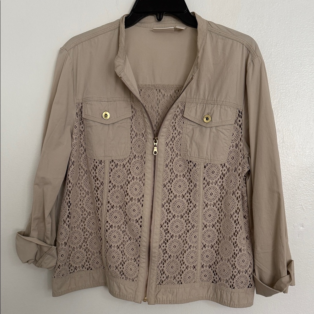 Chico's Beige Utility Jacket with Lace Detail